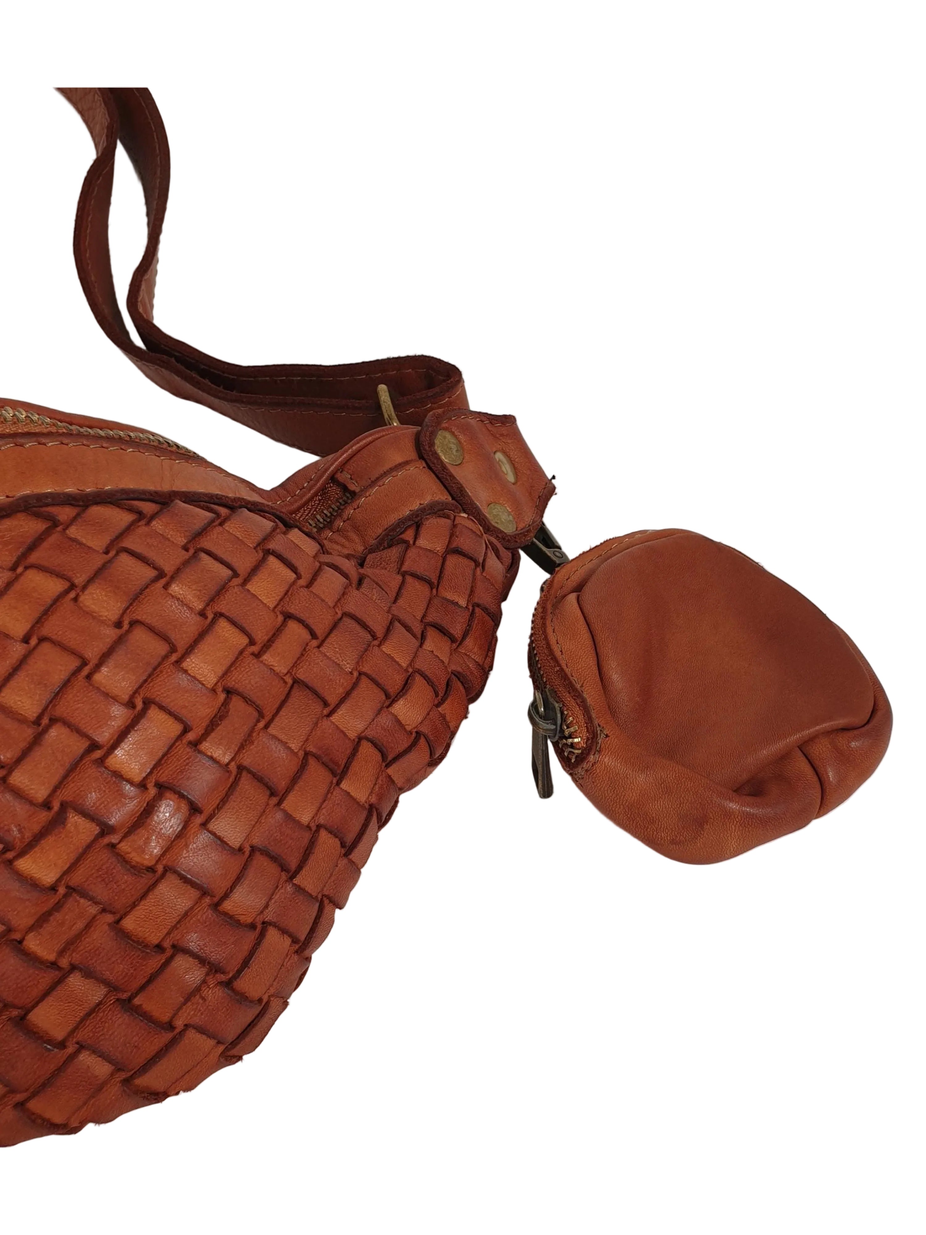 Leder-Bauchtasche geflochten taupe