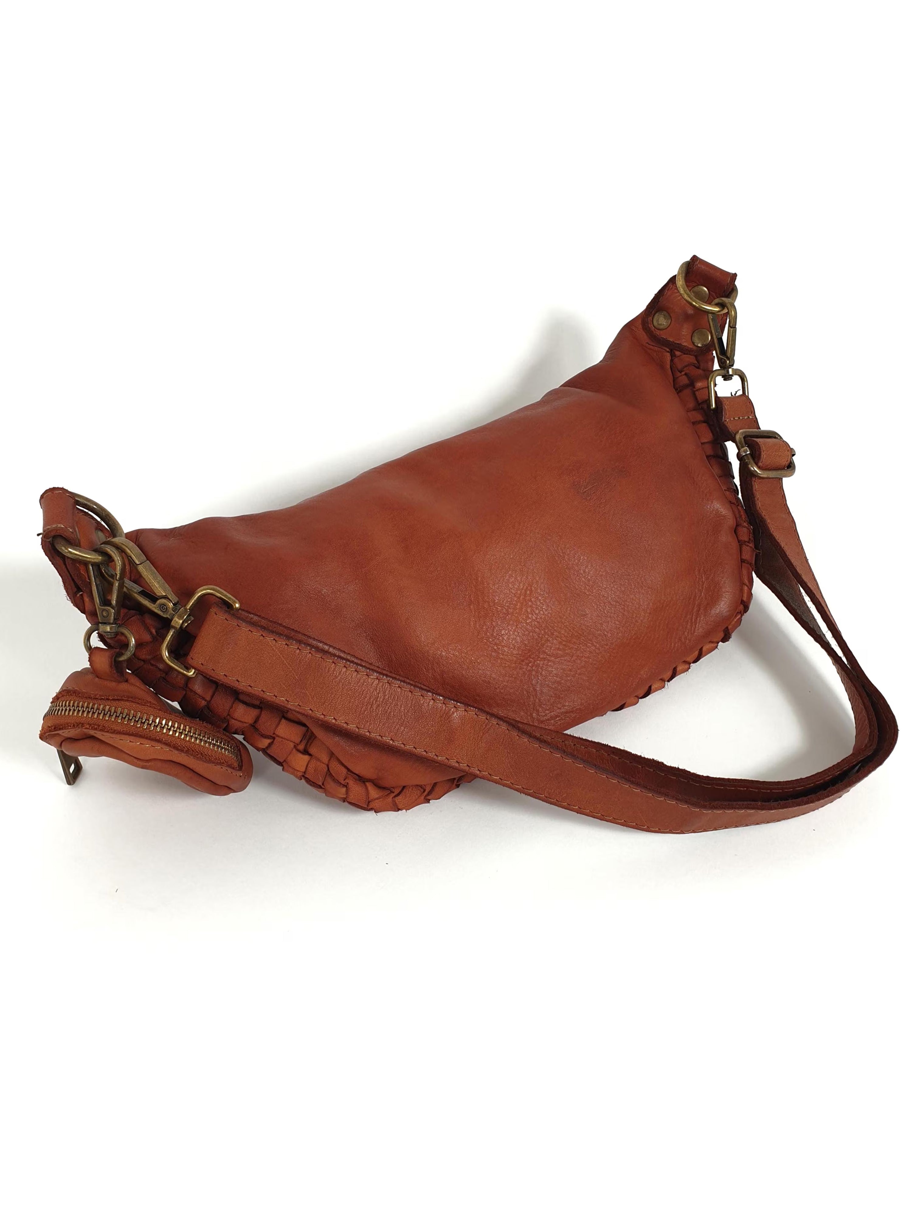 Leder-Bauchtasche geflochten cognac
