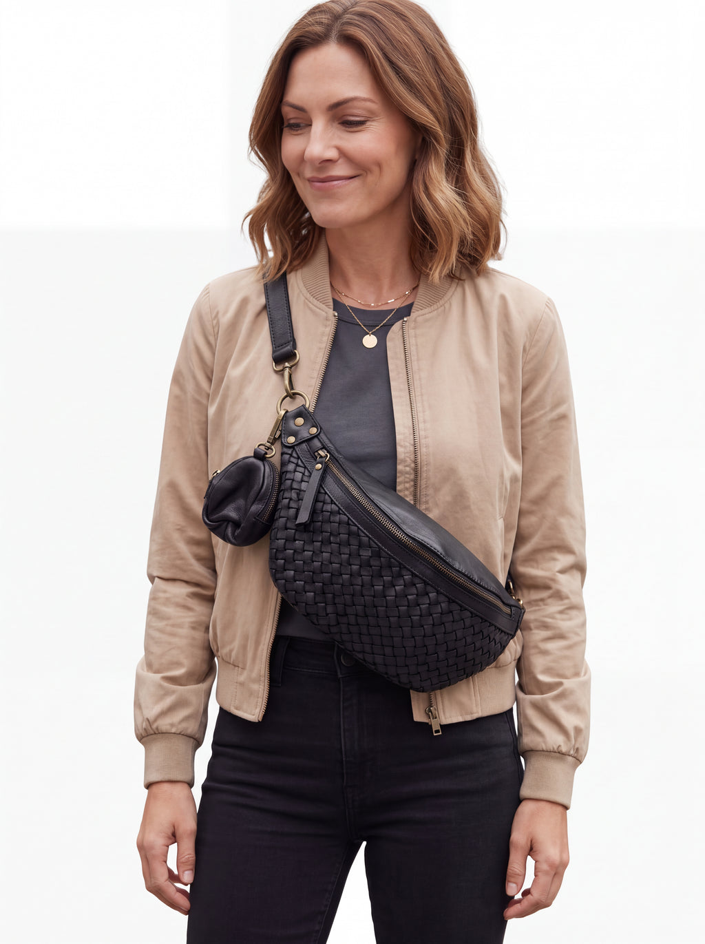 Leder-Bauchtasche geflochten schwarz