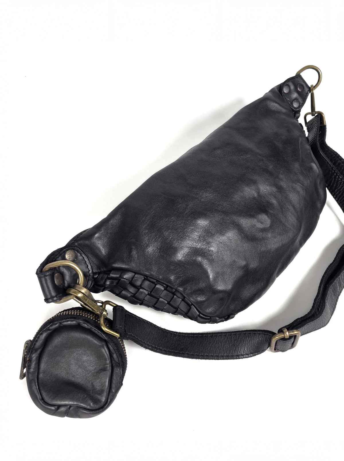 Leder-Bauchtasche geflochten schwarz