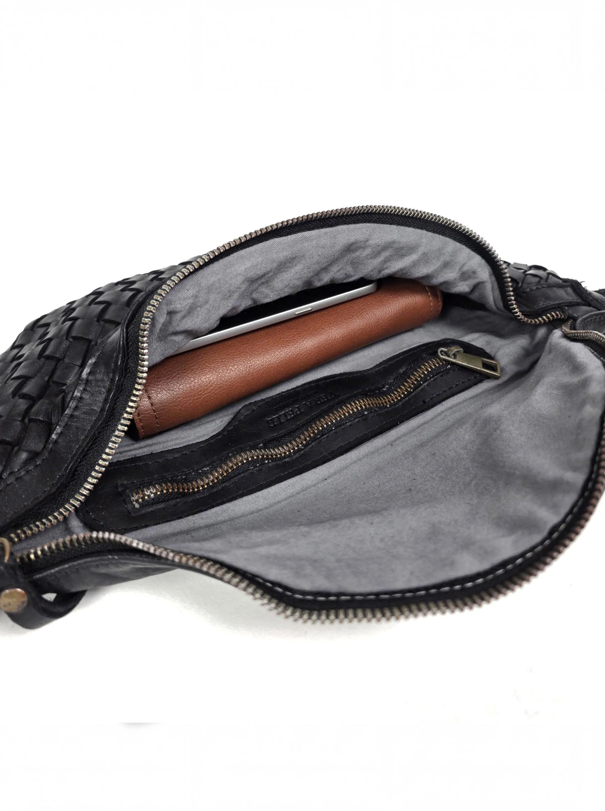 Leder-Bauchtasche geflochten schwarz