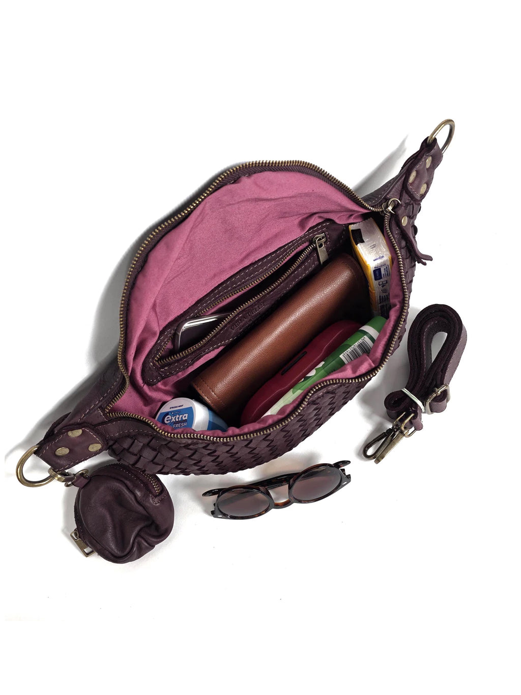 Leder-Bauchtasche geflochten bordeaux