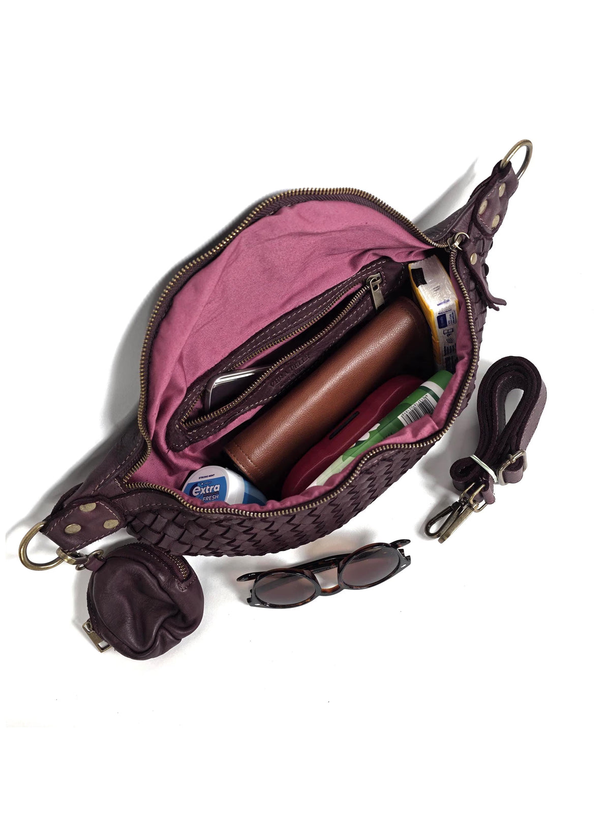 Leder-Bauchtasche geflochten bordeaux