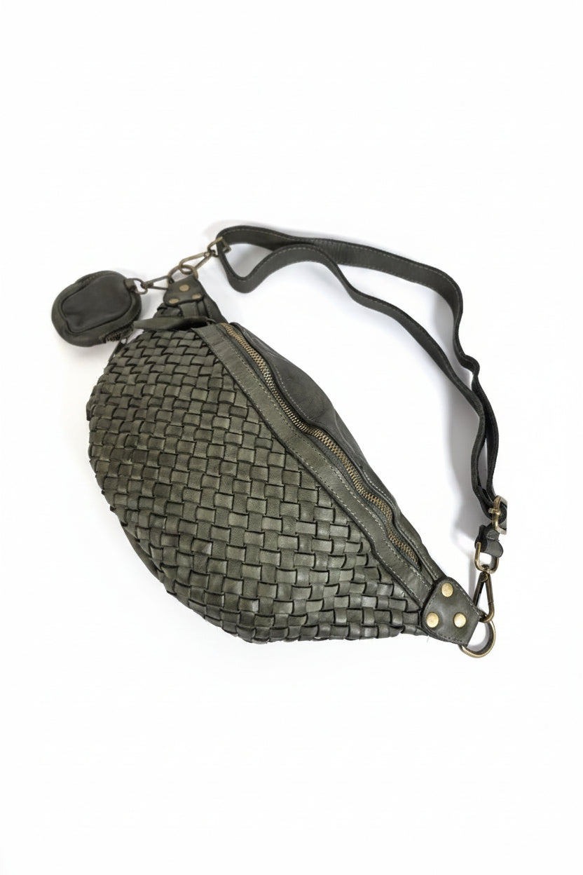 Leder-Bauchtasche geflochten taupe