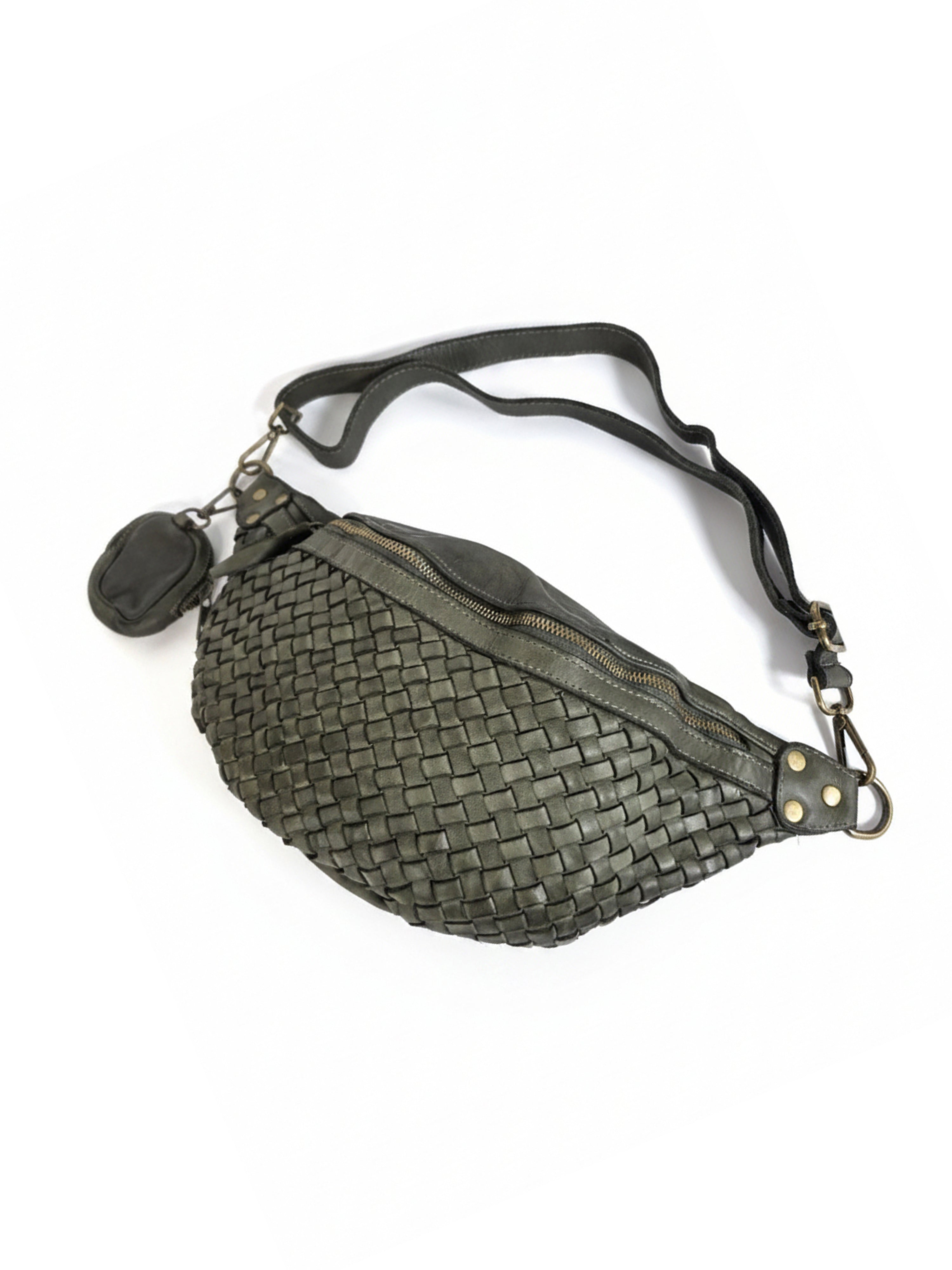 Leder-Bauchtasche geflochten oliv