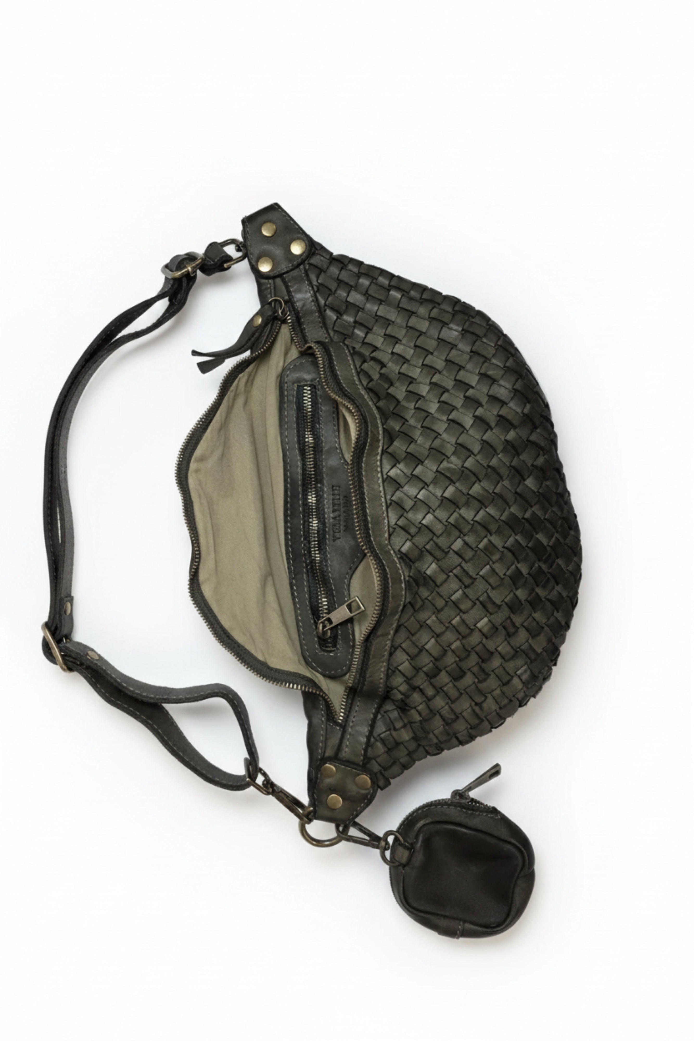 Leder-Bauchtasche geflochten oliv