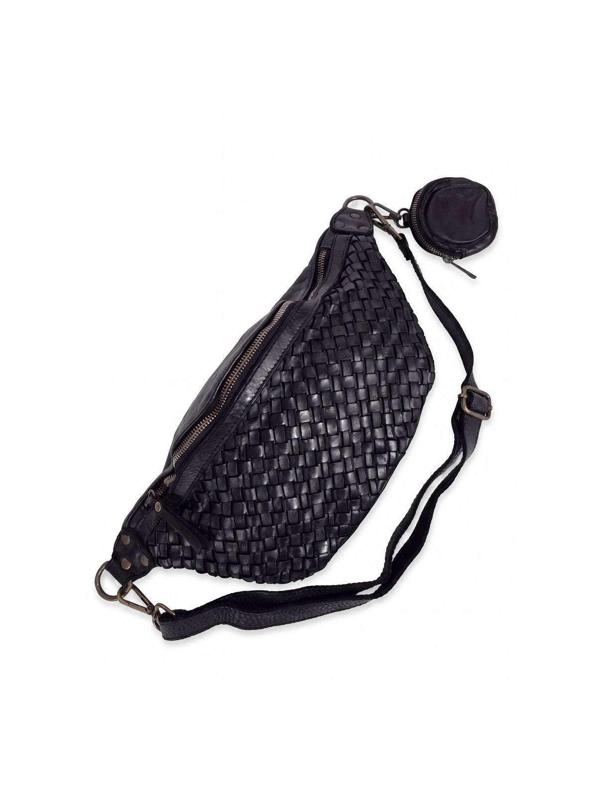 Leder-Bauchtasche geflochten schwarz