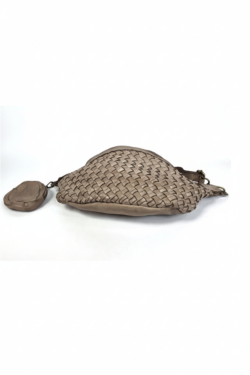 Leder-Bauchtasche geflochten taupe