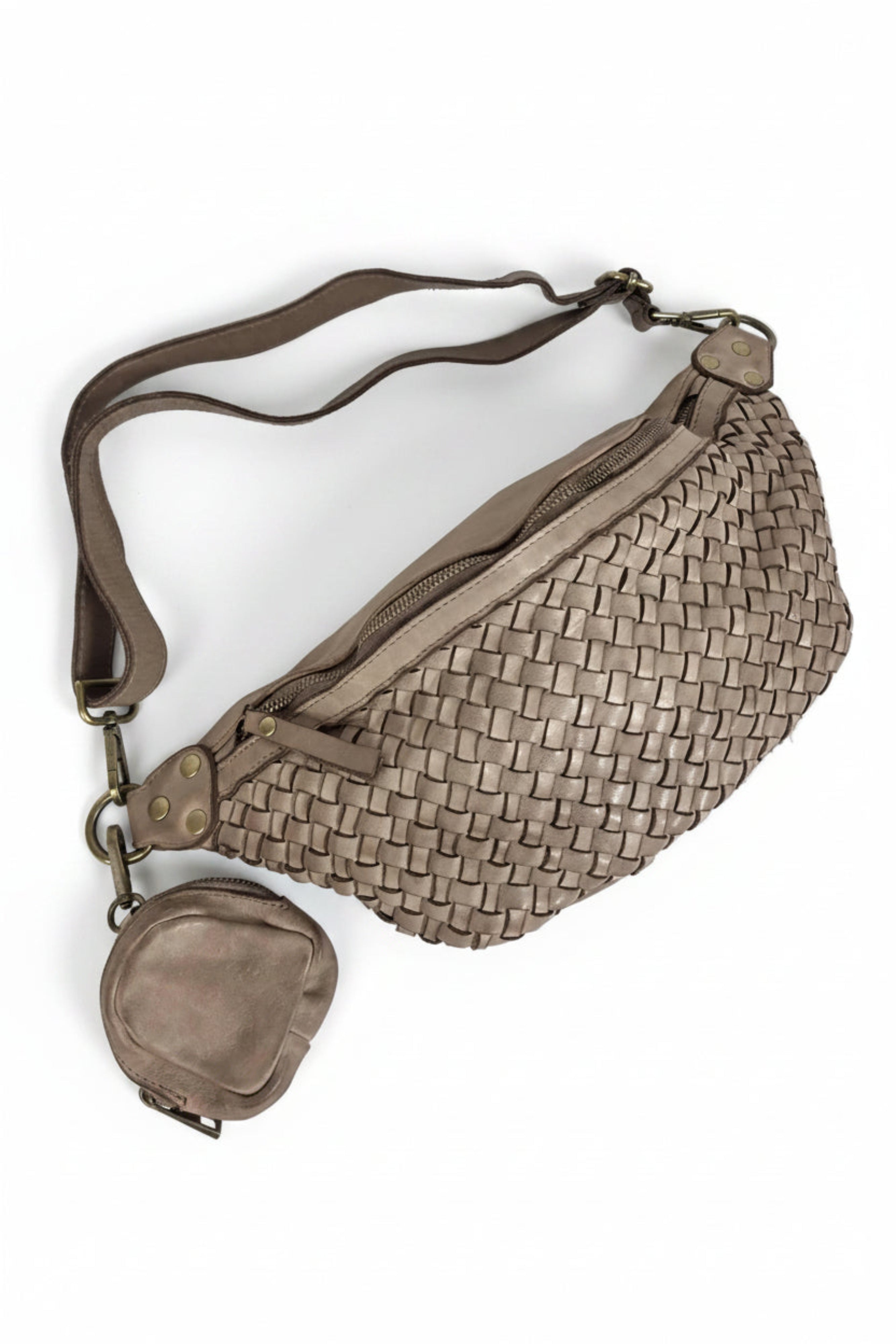Leder-Bauchtasche geflochten oliv