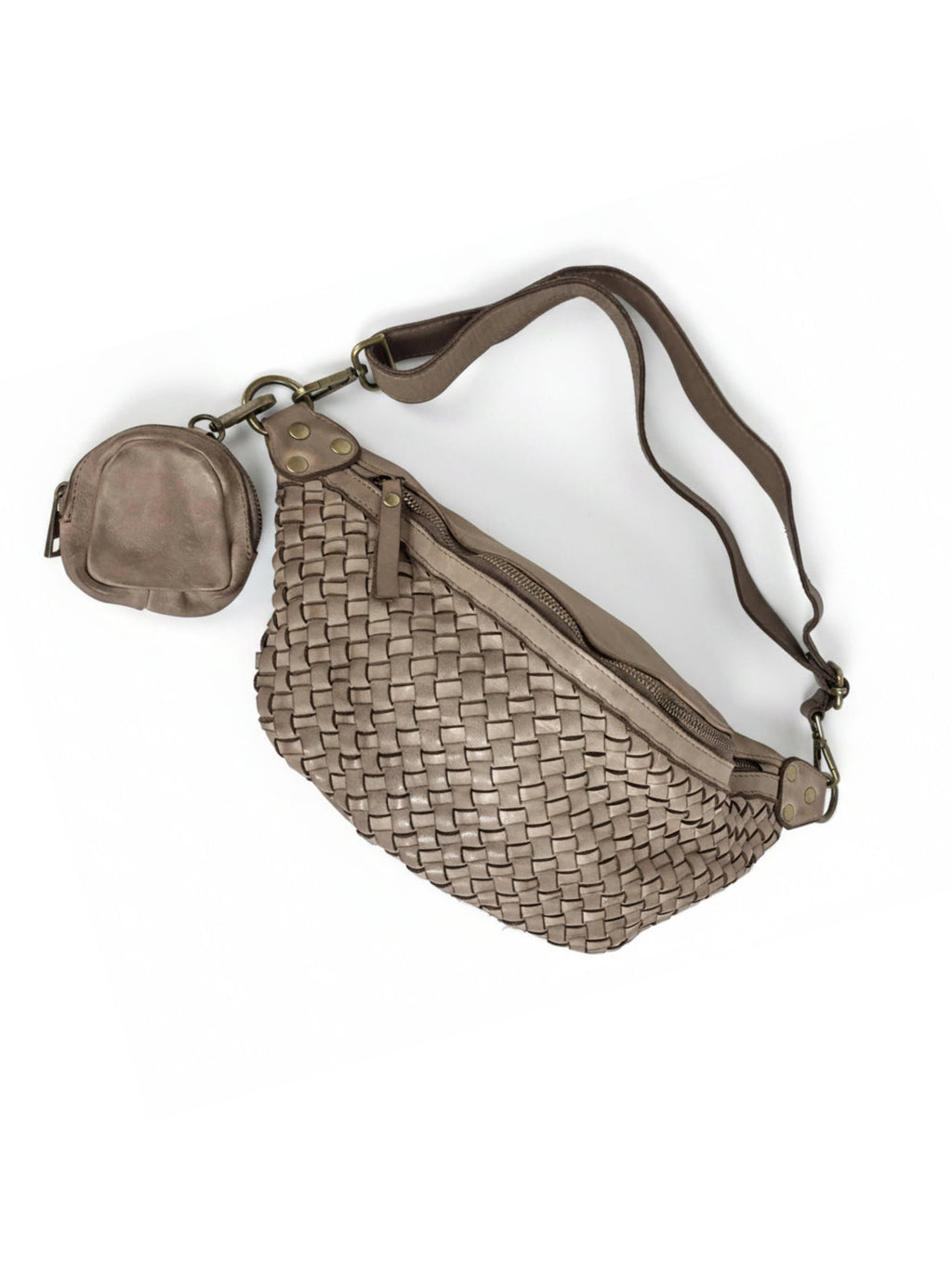 Leder-Bauchtasche geflochten taupe