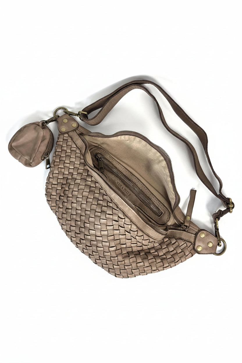 Leder-Bauchtasche geflochten taupe