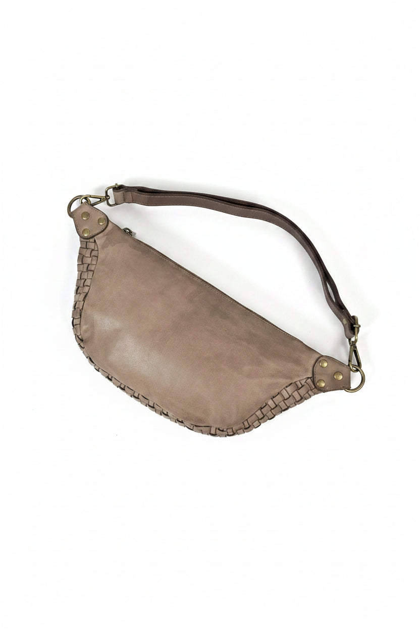 Leder-Bauchtasche geflochten taupe