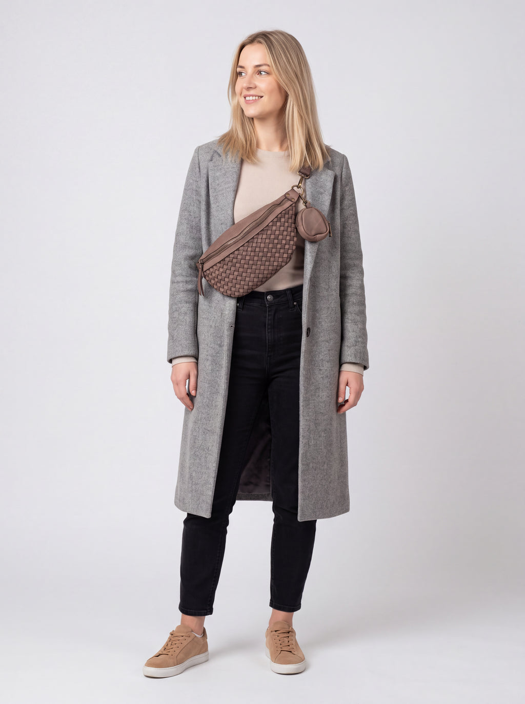Leder-Bauchtasche geflochten taupe