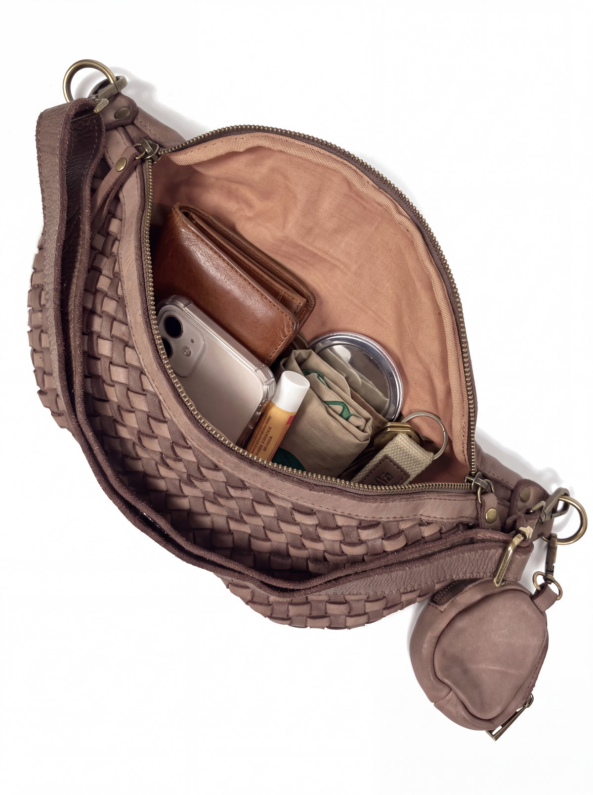 Leder-Bauchtasche geflochten taupe