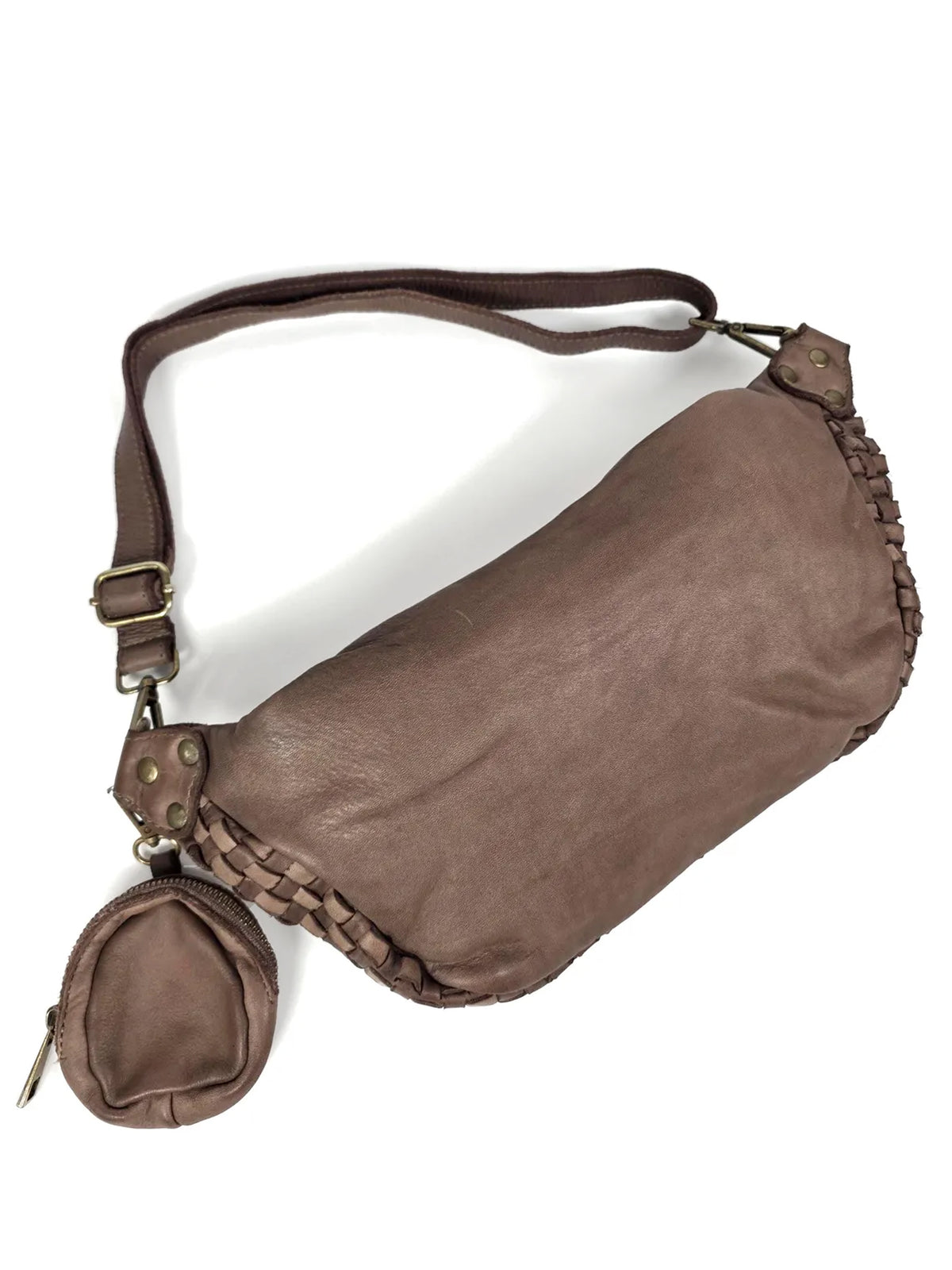 Leder-Bauchtasche geflochten taupe