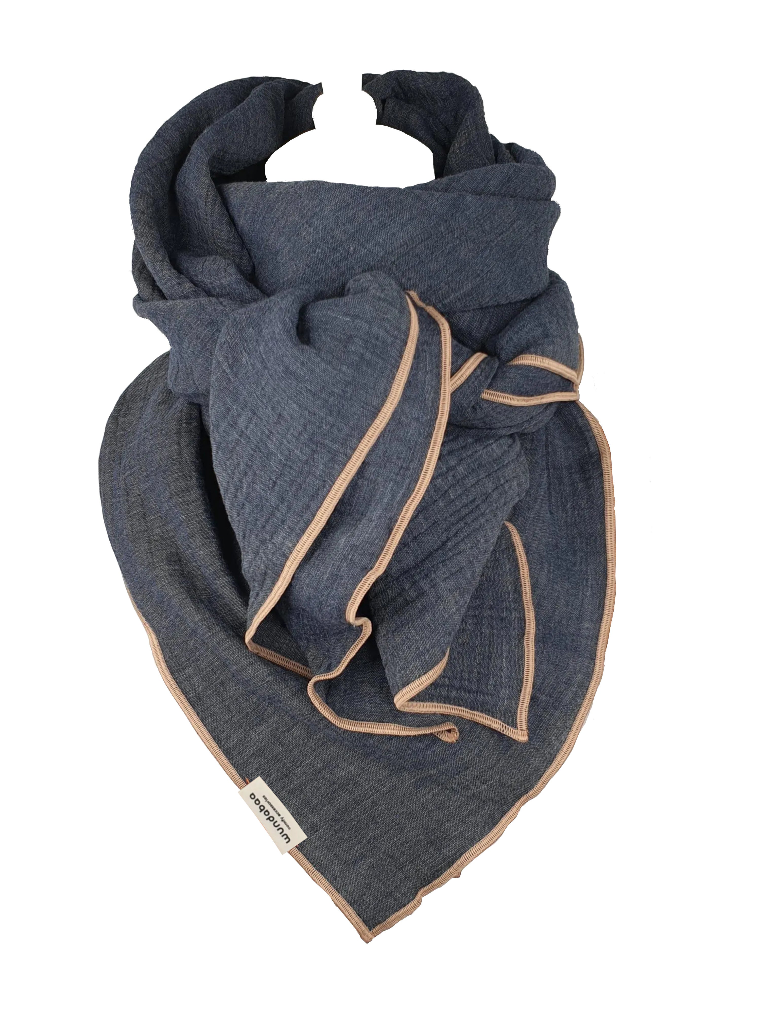 Musselintuch Melange jeansblau mit Rand in hellbraun