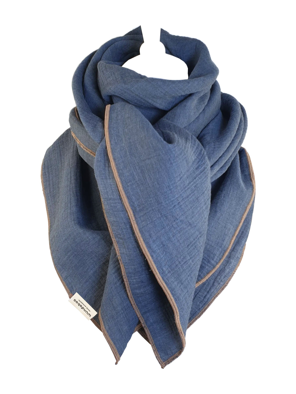 Musselintuch Melange jeansblau mit Rand in hellbraun